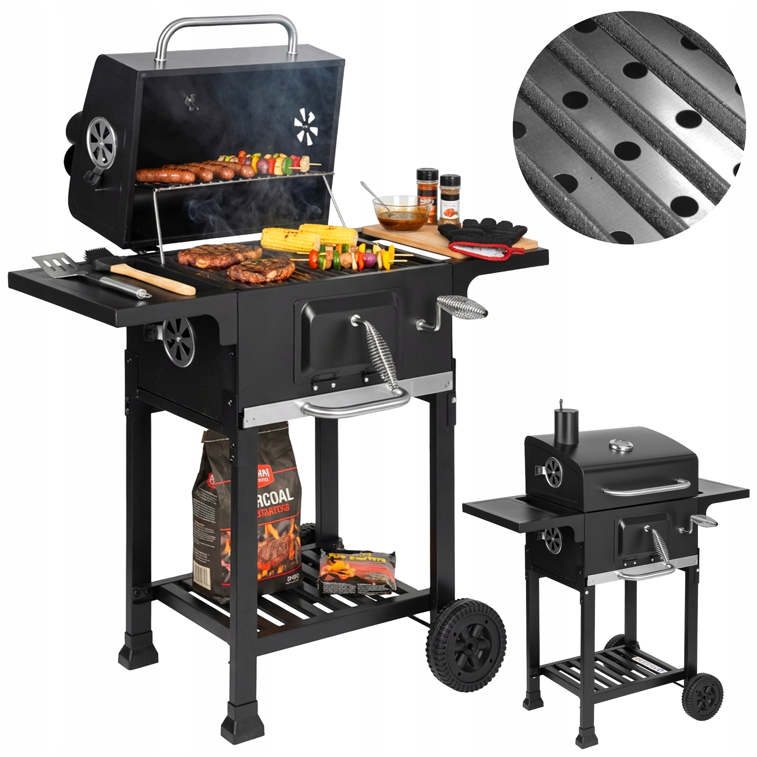 GRILL WĘGLOWY DUŻY ŻELIWNY RUSZT OGRODOWY Z POKRYWĄ POPIELNIK + TERMOMETR