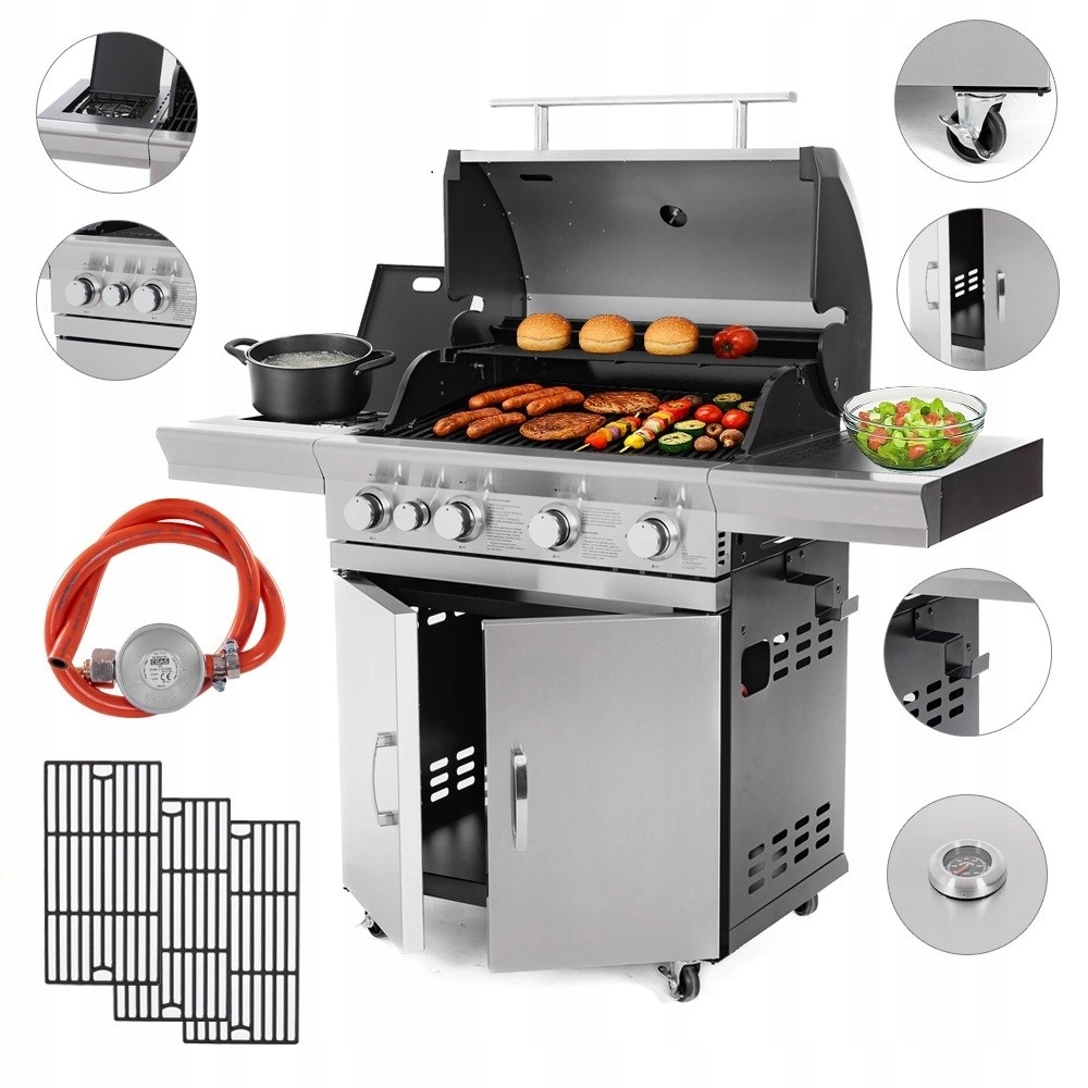 Grill gazowy ogrodowy żeliwny ruszt nierdzewny stal 4+1 17,5kW SilverFlame