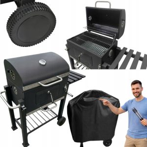 GRILL WĘGLOWY OGRODOWY DUŻY ŻELIWNY RUSZT Z POKRYWĄ TERMOMETR POPIELNIK
