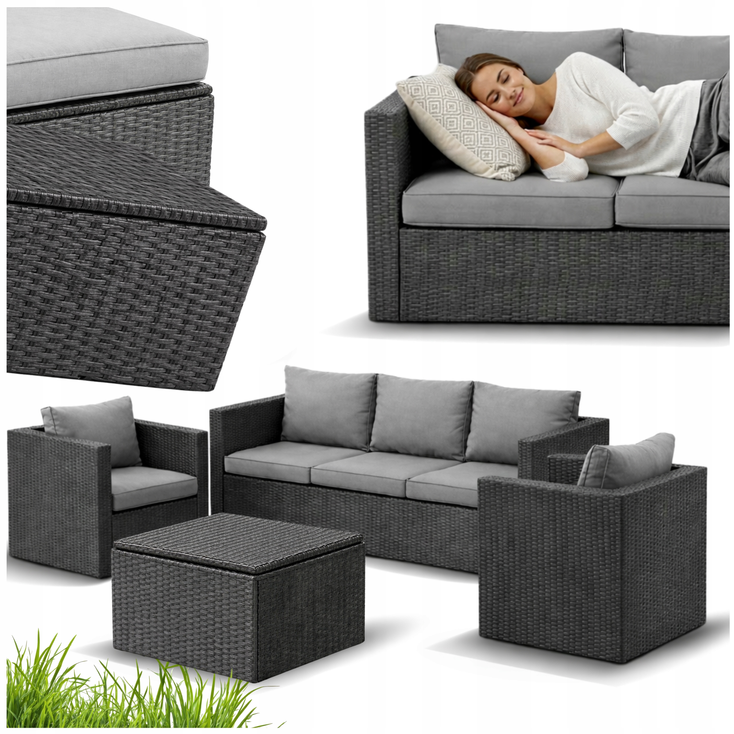 DUŻY Zestaw Mebli OGRODOWYCH Acero 2xFotel Sofa Stolik/Pufa TECHNORATTAN