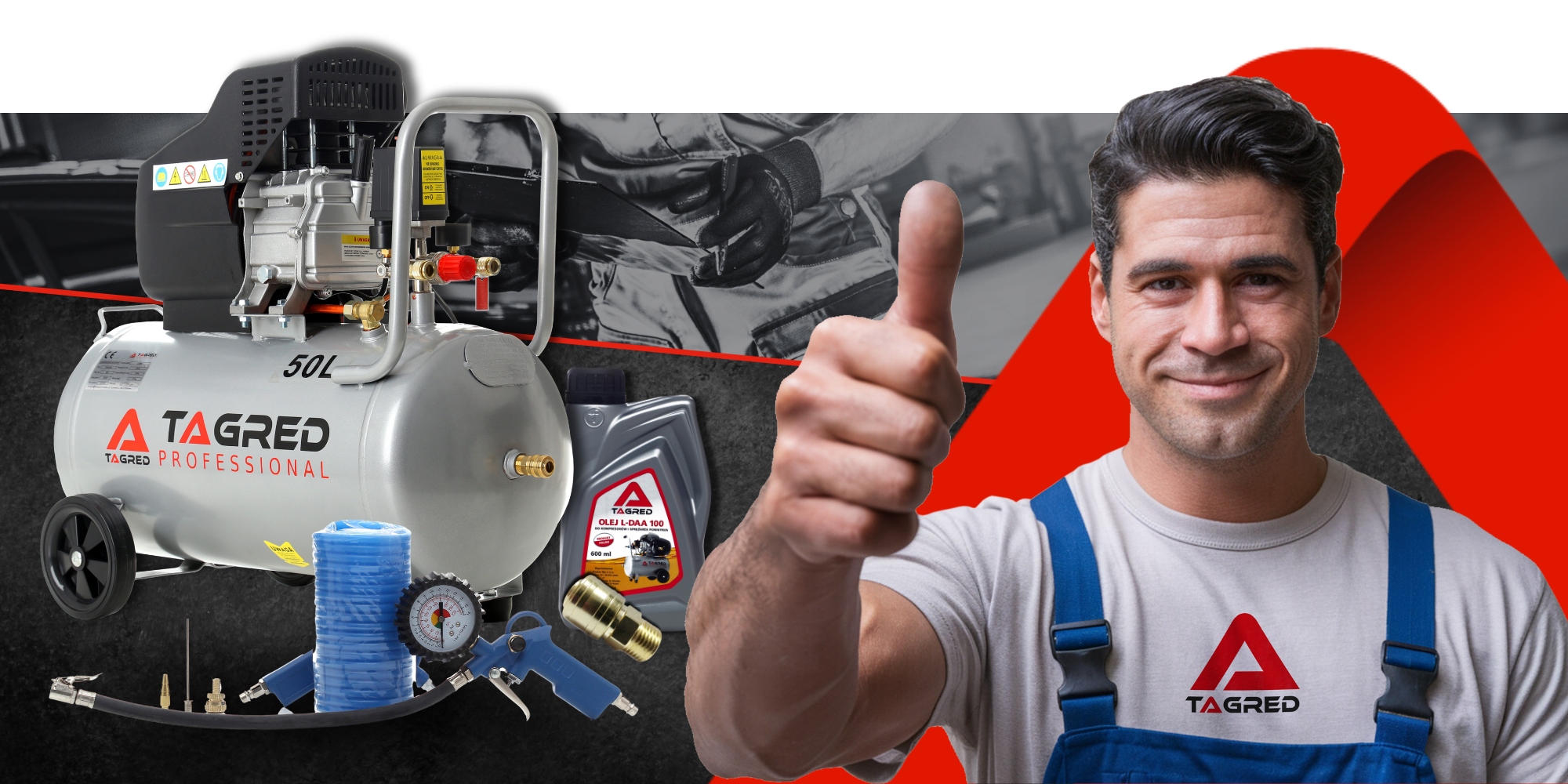 KOMPRESOR OLEJOWY SPRĘŻARKA 50L MOCNA GRATIS ZESTAW +6w1 WYDAJNA 9 bar