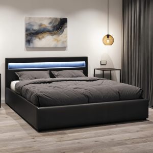 Łóżko 140x200 tapicerowane z pojemnikiem + materac, czarne, LED, od ręki